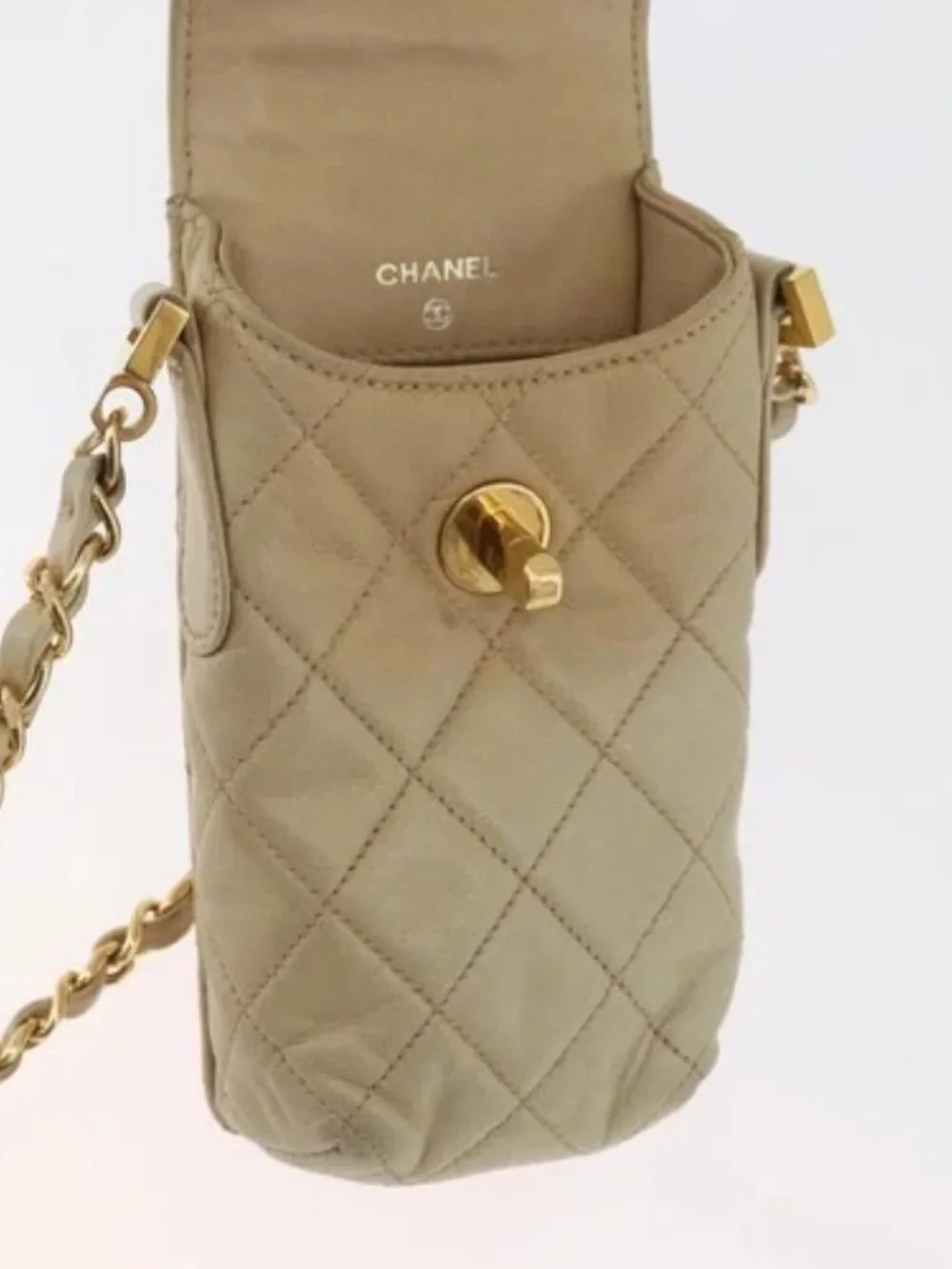 CHANEL Matelasse Chain Shoulder Bag Lamb Skin Beige Gold CC Auth 179876A